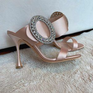 Manolo Blahnik Fibiona Crystal-Buckle Satin Mule Sandal, size 38